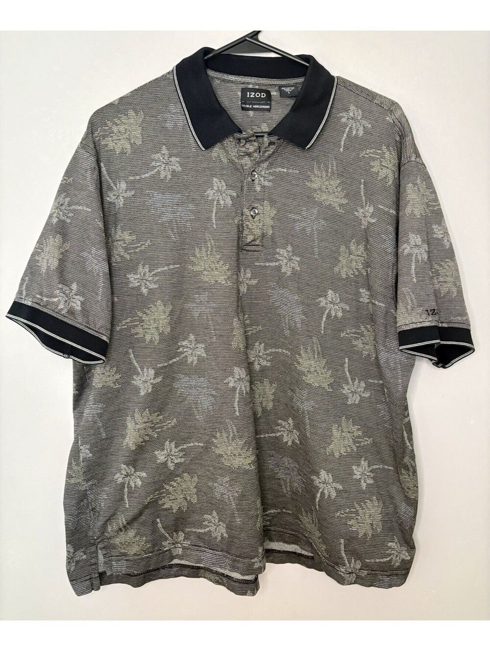 IZOD Men's Large Gray Palm Tree Print Polo Shirt L Short Sleeve Collared